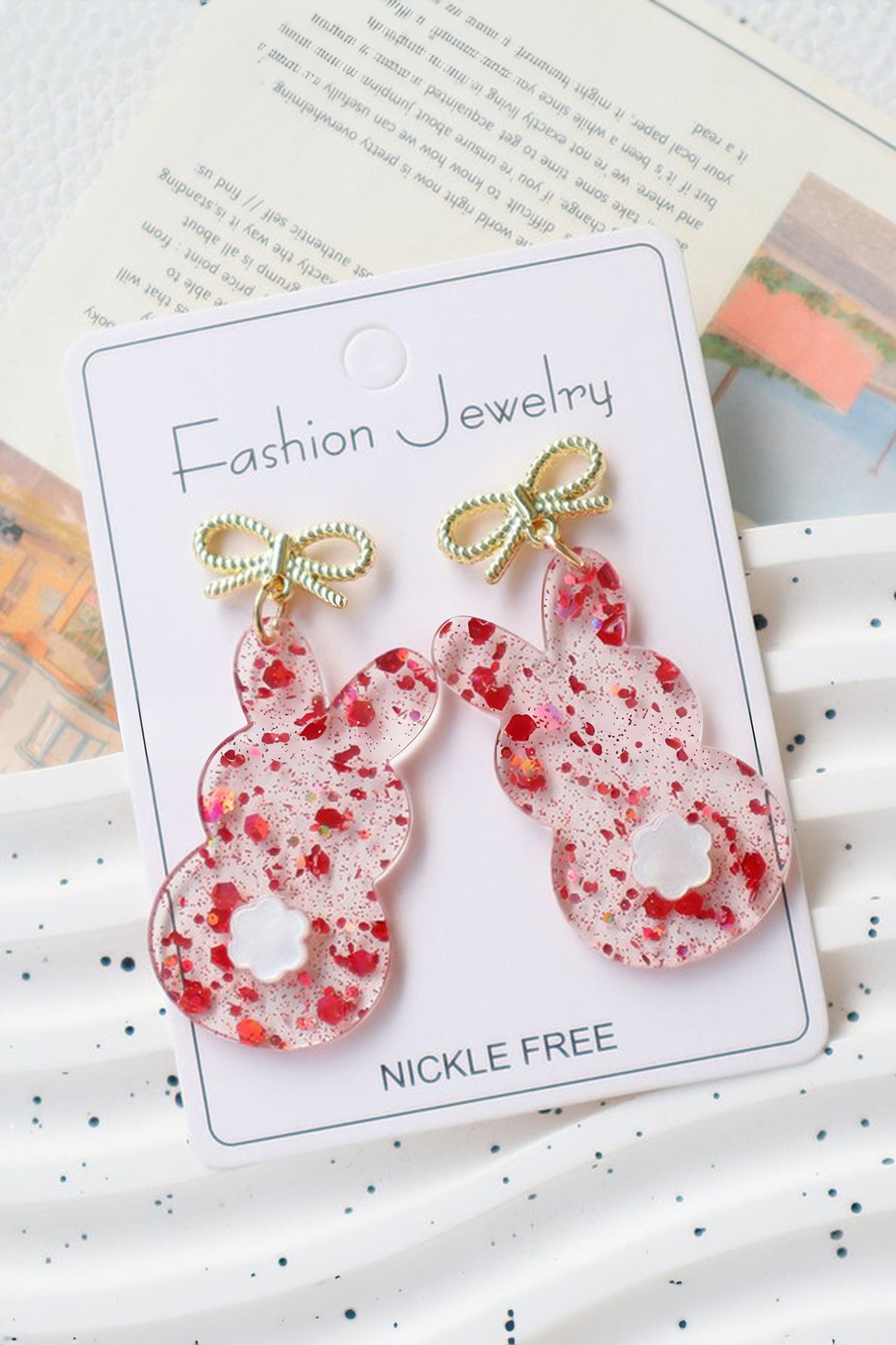 Fiery Red Clear Easter Bunny Bowknot Studded Earrings - Snoopy's Closet
