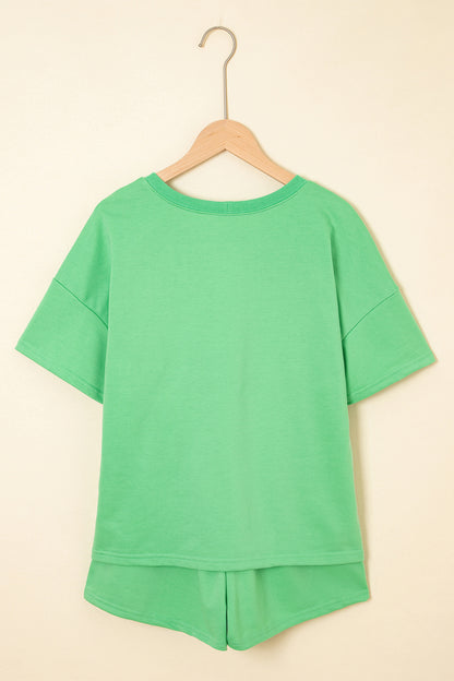Mint Green Sequin Mardi Gras Mask V Neck Tee Drawstring Shorts 2pcs Outfit - Snoopy's Closet