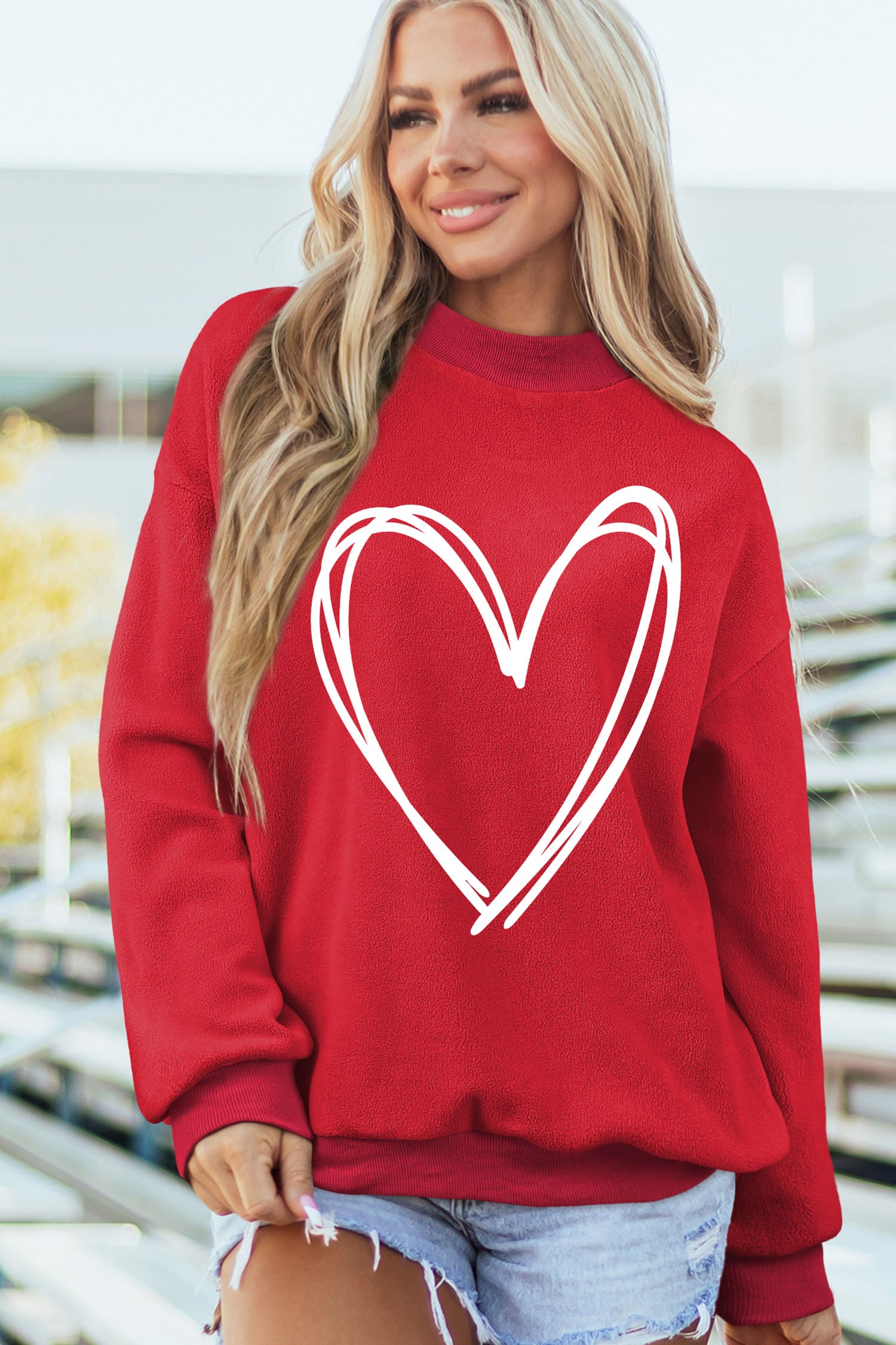 Racing Red Valentines Day Heart Love Script Reversible Printed Double Wear Mock Neck Sweatshirt - Snoopy's Closet