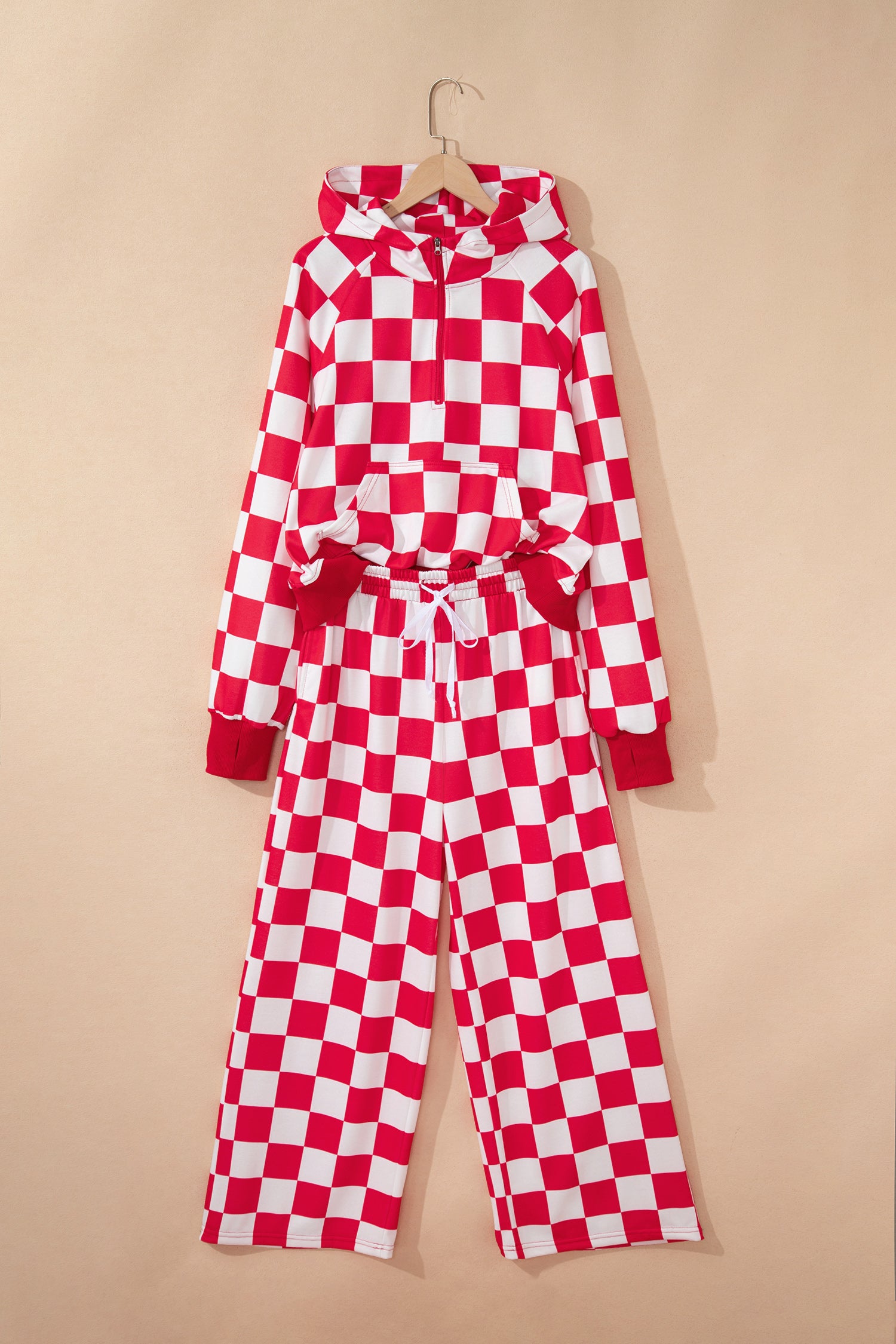 Red Checkered Print Half Zip Hoodie Loose Pant Set - Snoopy's Closet