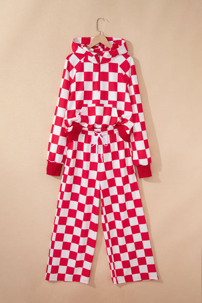 Red Checkered Print Half Zip Hoodie Loose Pant Set - Snoopy's Closet