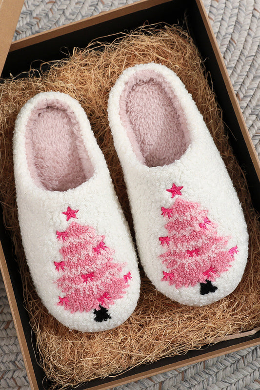 White Plush Christmas Tree Color Contrasted Liner House Slippers - Snoopy's Closet