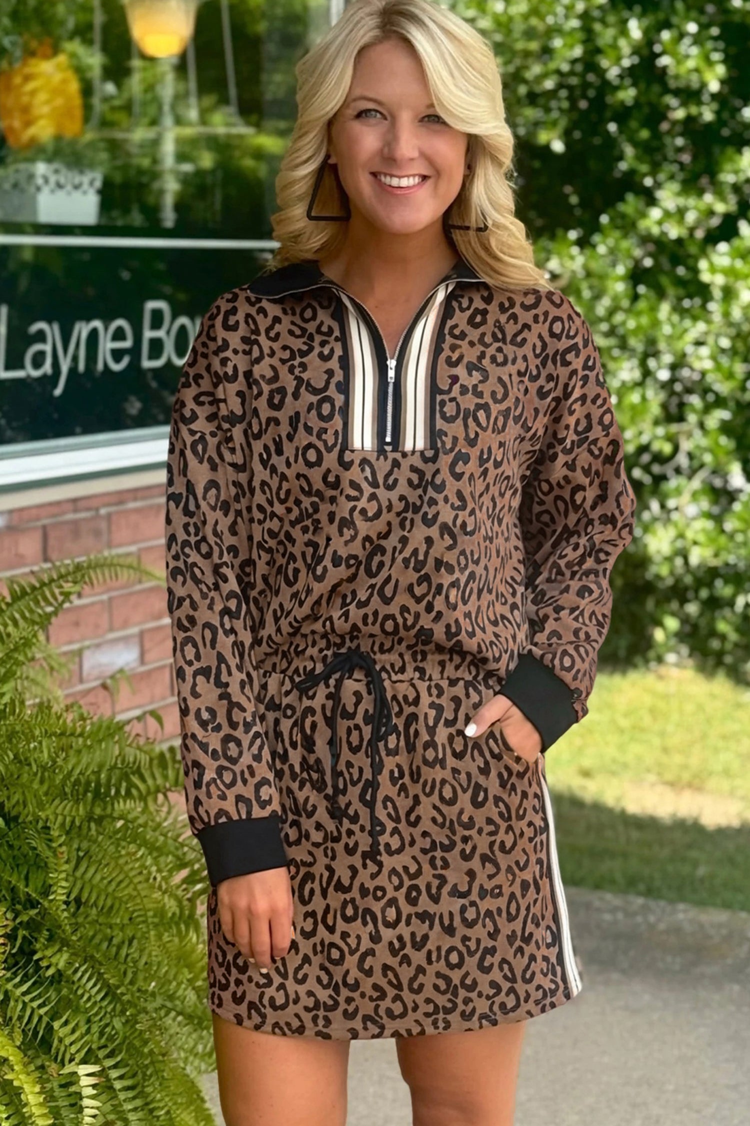 Khaki Leopard Print Quarter Zip Long Sleeve Top Mini Skirt Set - Snoopy's Closet