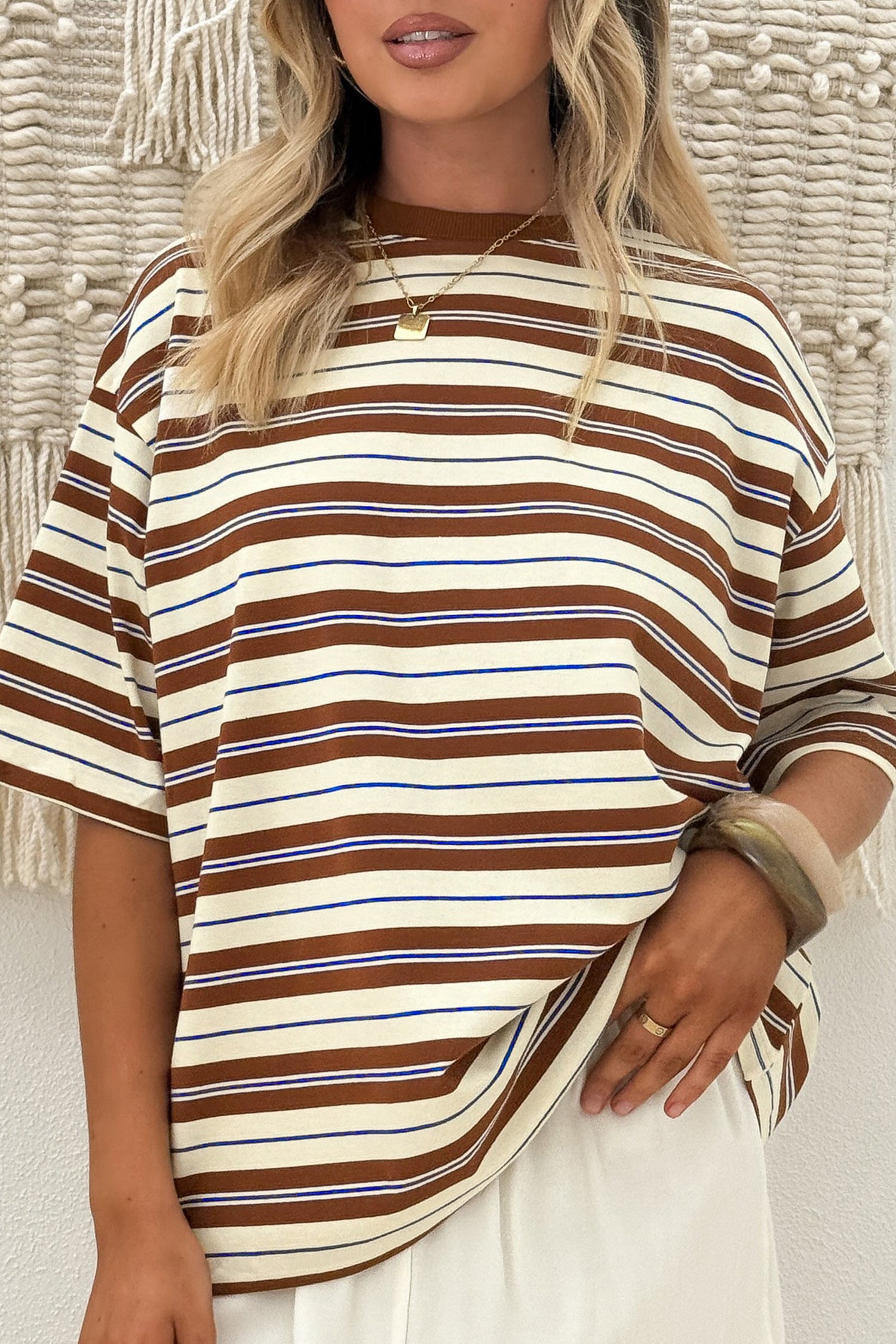 Brown Stripe Womens Casual Oversized Tee - Snoopy's Closet