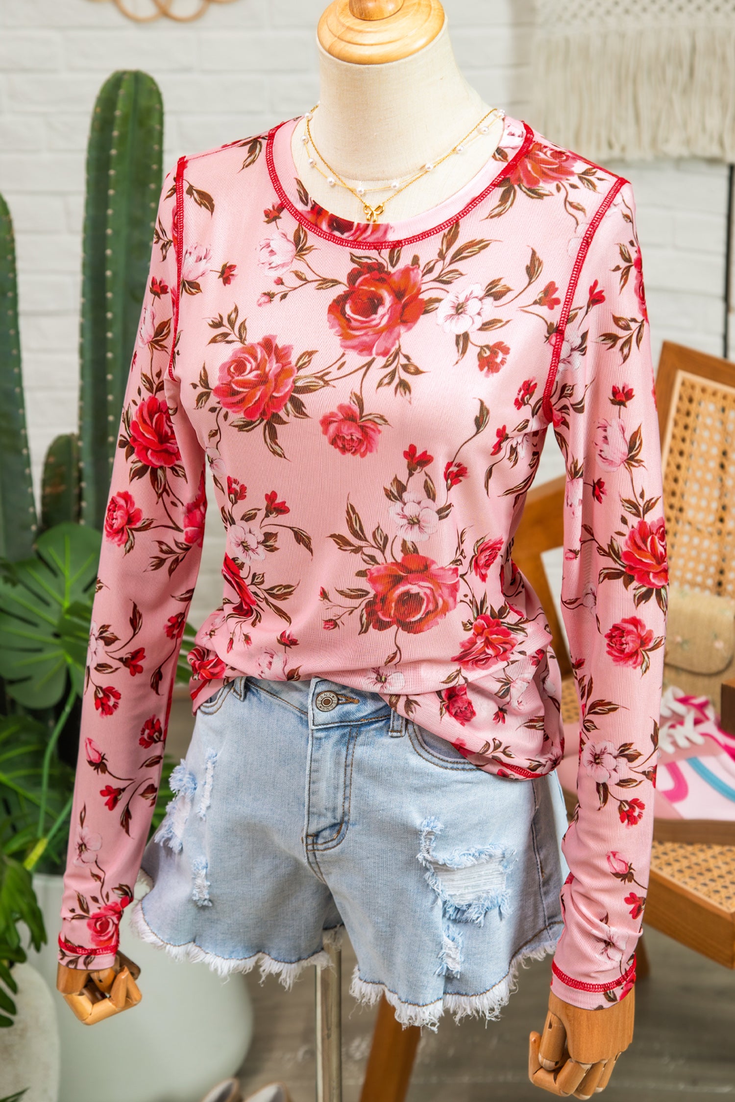 Pink Floral Print Exposed Seam Detail Mesh Long Sleeve Top - Snoopy's Closet