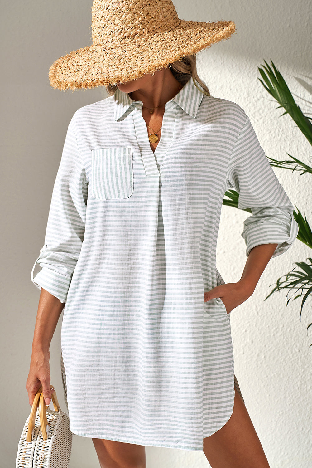 White Stripe Collared V Neck Chest Pocket Long Sleeve Beach Cover up - Snoopy's Closet