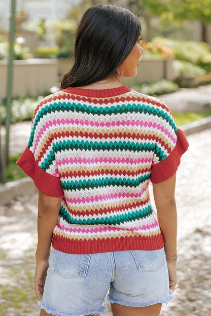 Fiery Red Trimmed Ruffle Sleeve Colorful Textured Sweater - Snoopy's Closet
