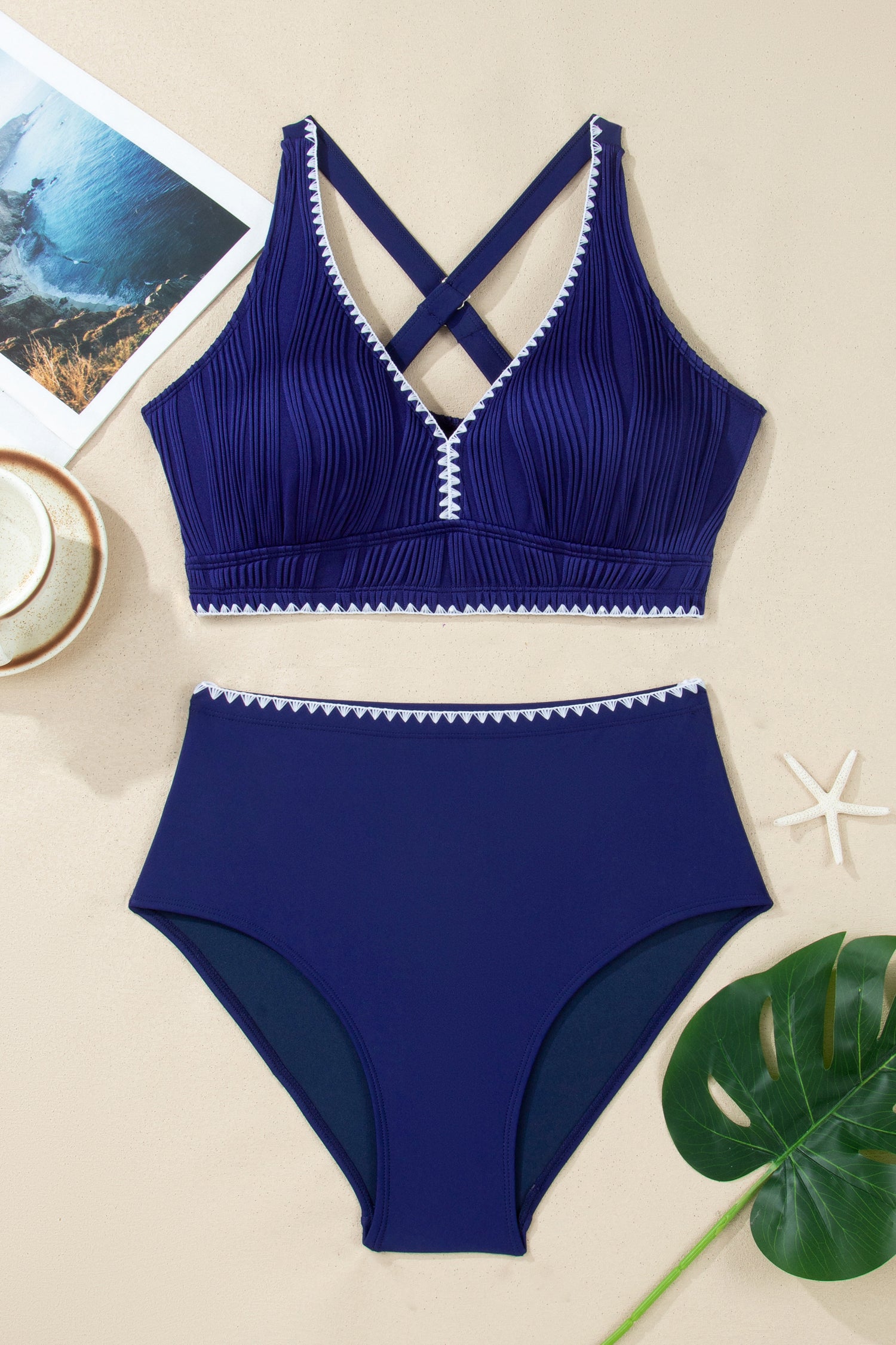 Dark Blue Shell Stitched Trim V Neck Textured Mix and Match High Waist Bikinis - Snoopy's Closet