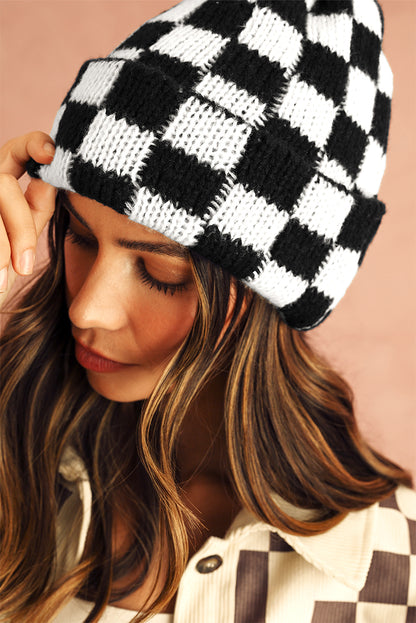 Gorro Beanie sin visera a cuadros de dos tonos negro