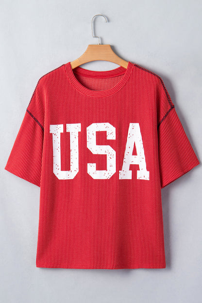 Beau Blue USA Graphic Half Sleeve Loose Ribbed Top