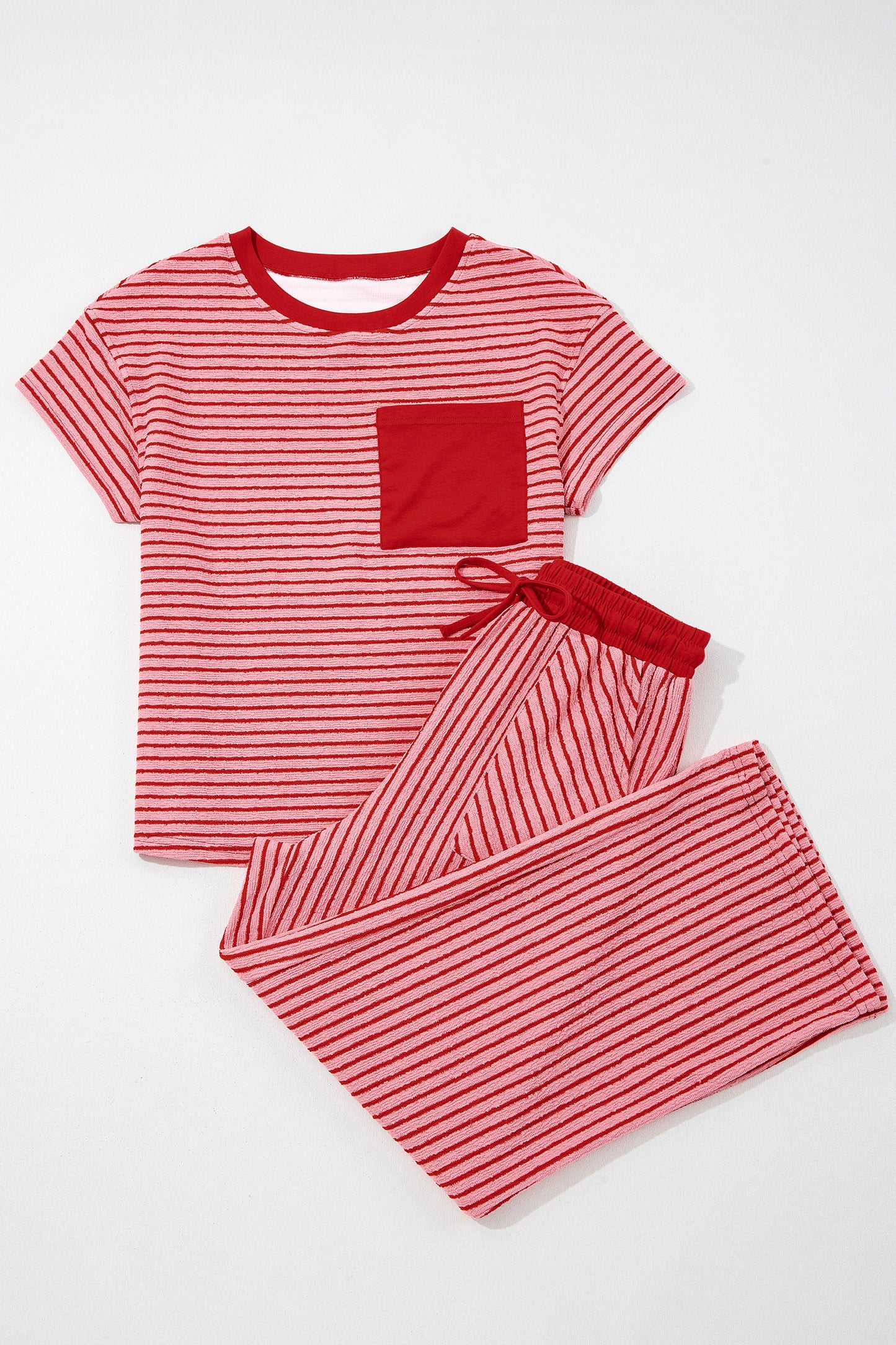 Sky Blue Stripe Crew Neck Tee Drawstring Waist Cropped Pants Set - Snoopy's Closet