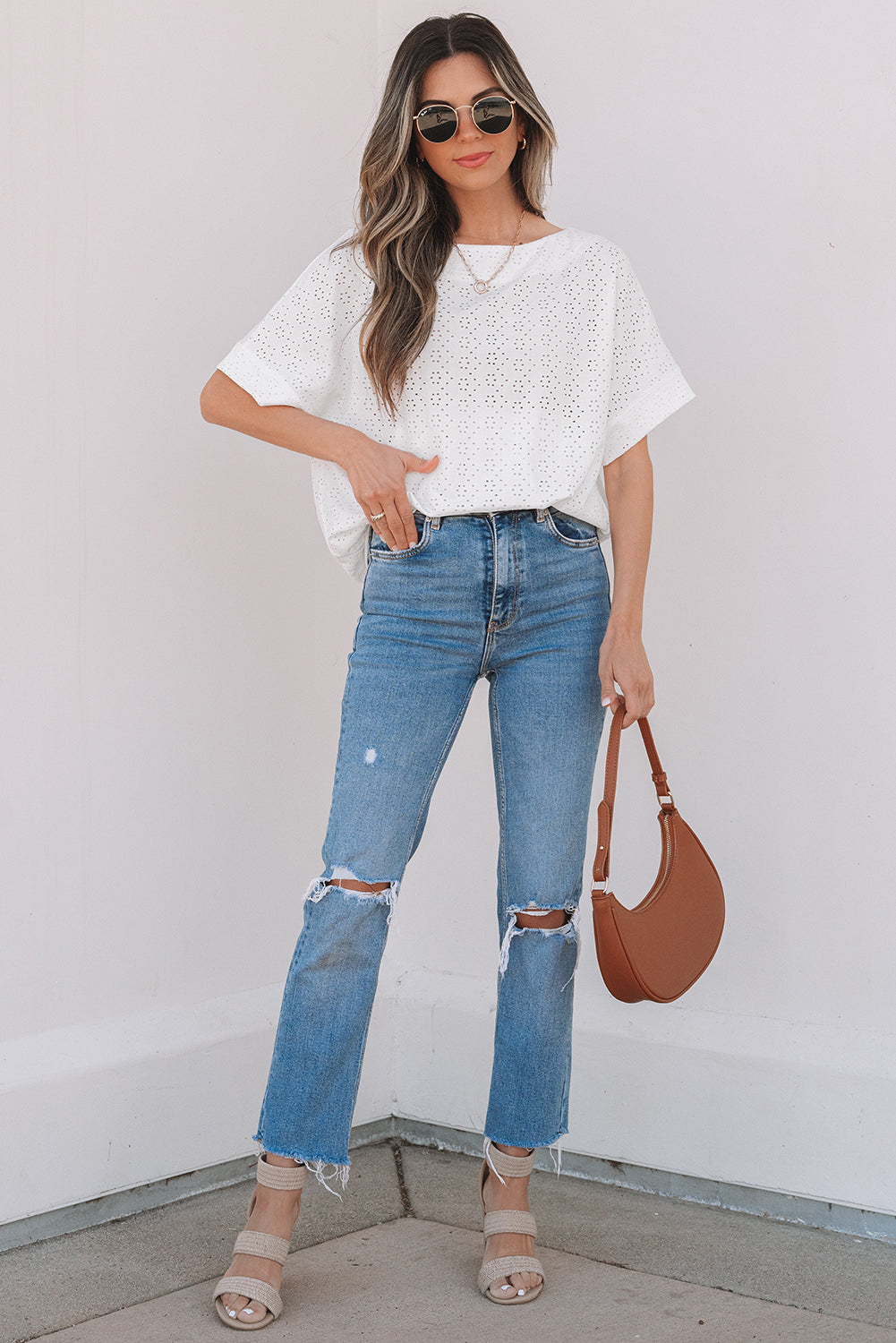 White Eyelet Pattern Boat Neck Casual Tee - Snoopy's Closet