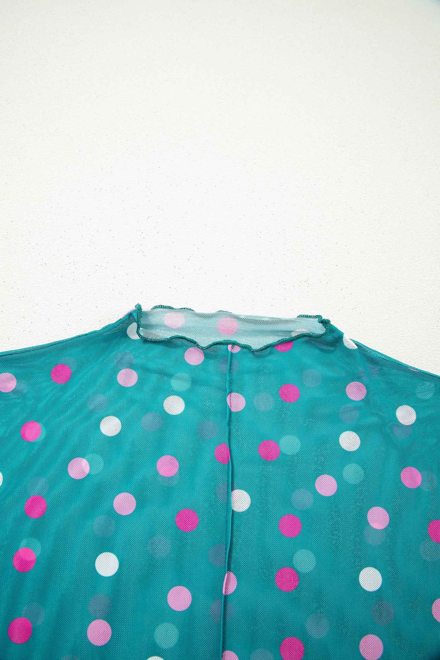 Red Polka Dot Patterned Bodycon Mock Neck Mesh Long Sleeve Top