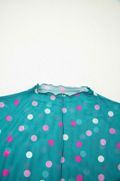 Red Polka Dot Patterned Bodycon Mock Neck Mesh Long Sleeve Top