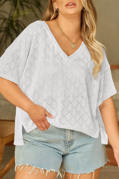 Top suelto de punto calado blanco con escote de pico y rombos, talla grande