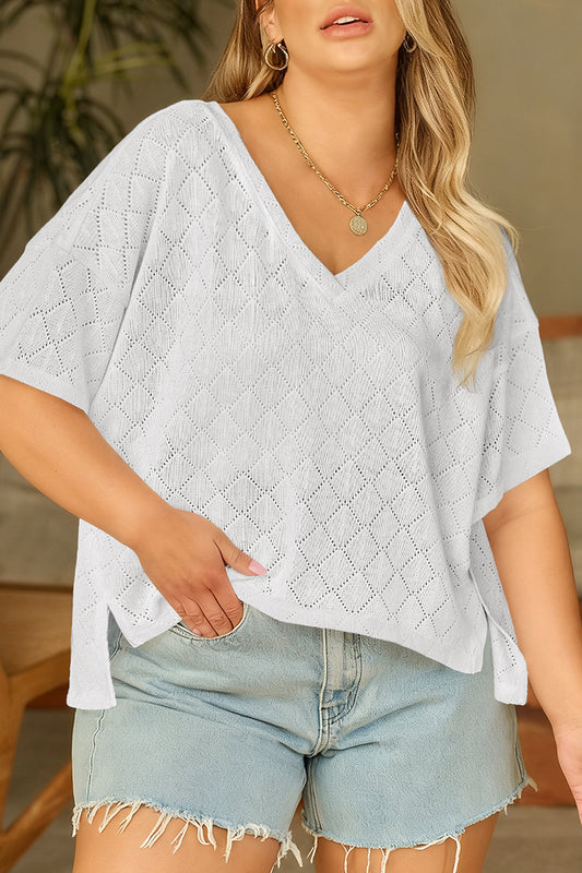 Top suelto de punto calado blanco con escote de pico y rombos, talla grande
