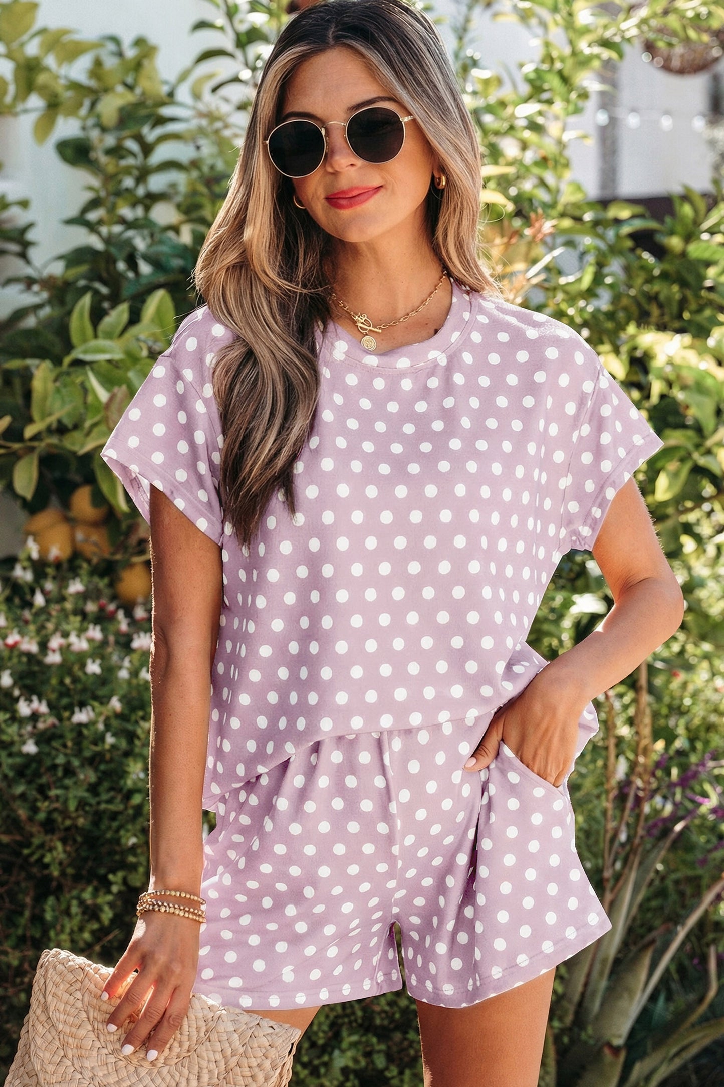 Purple Polka Dot Print Short Set - Snoopy's Closet