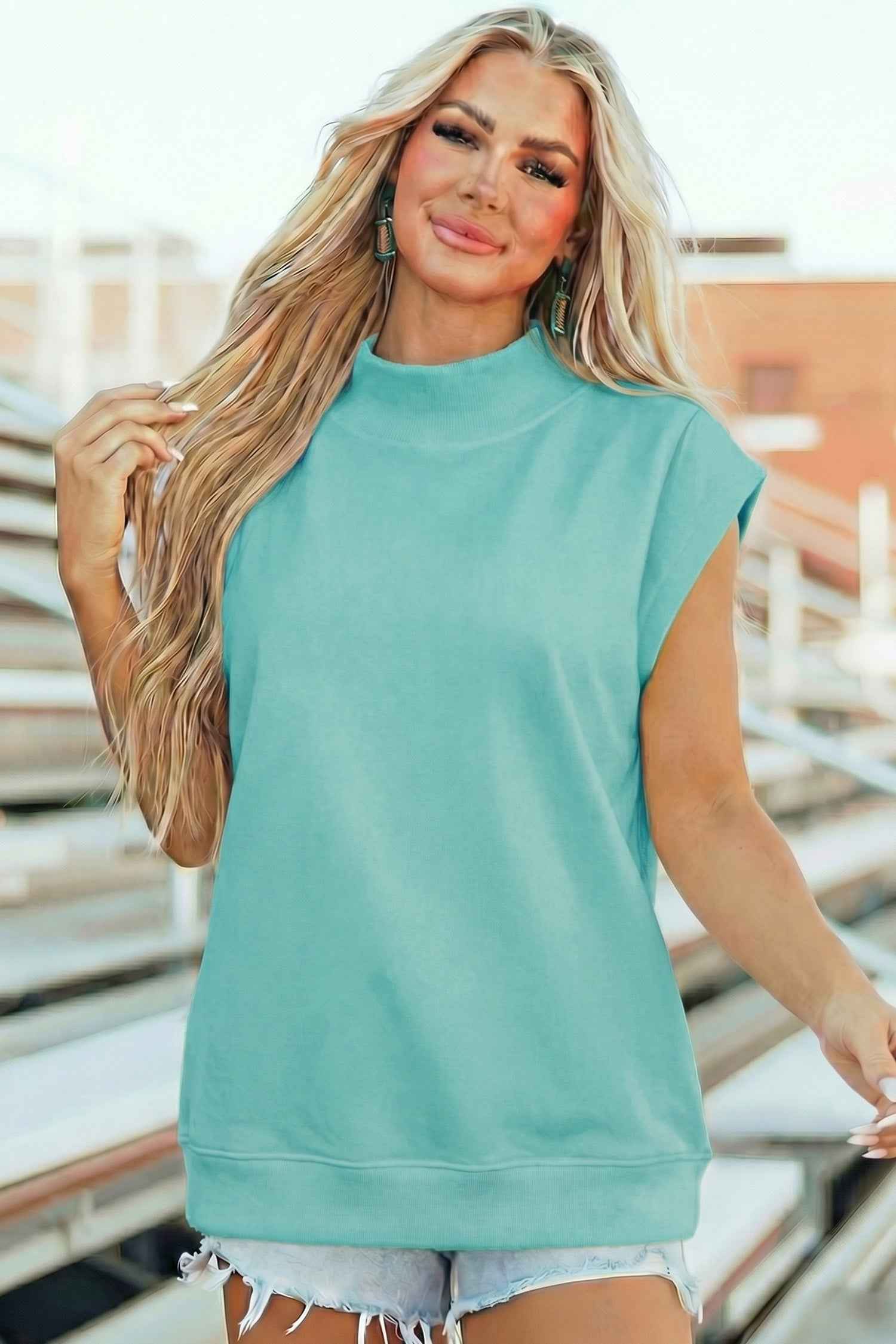 Mint Green Solid Color High Neck Cap Sleeve Loose Top