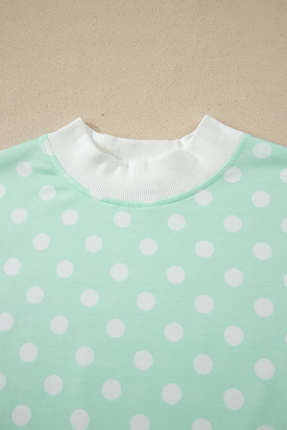 Sky Blue Polka Dot Print Color Block Trim Mock Neck Short Set - Snoopy's Closet