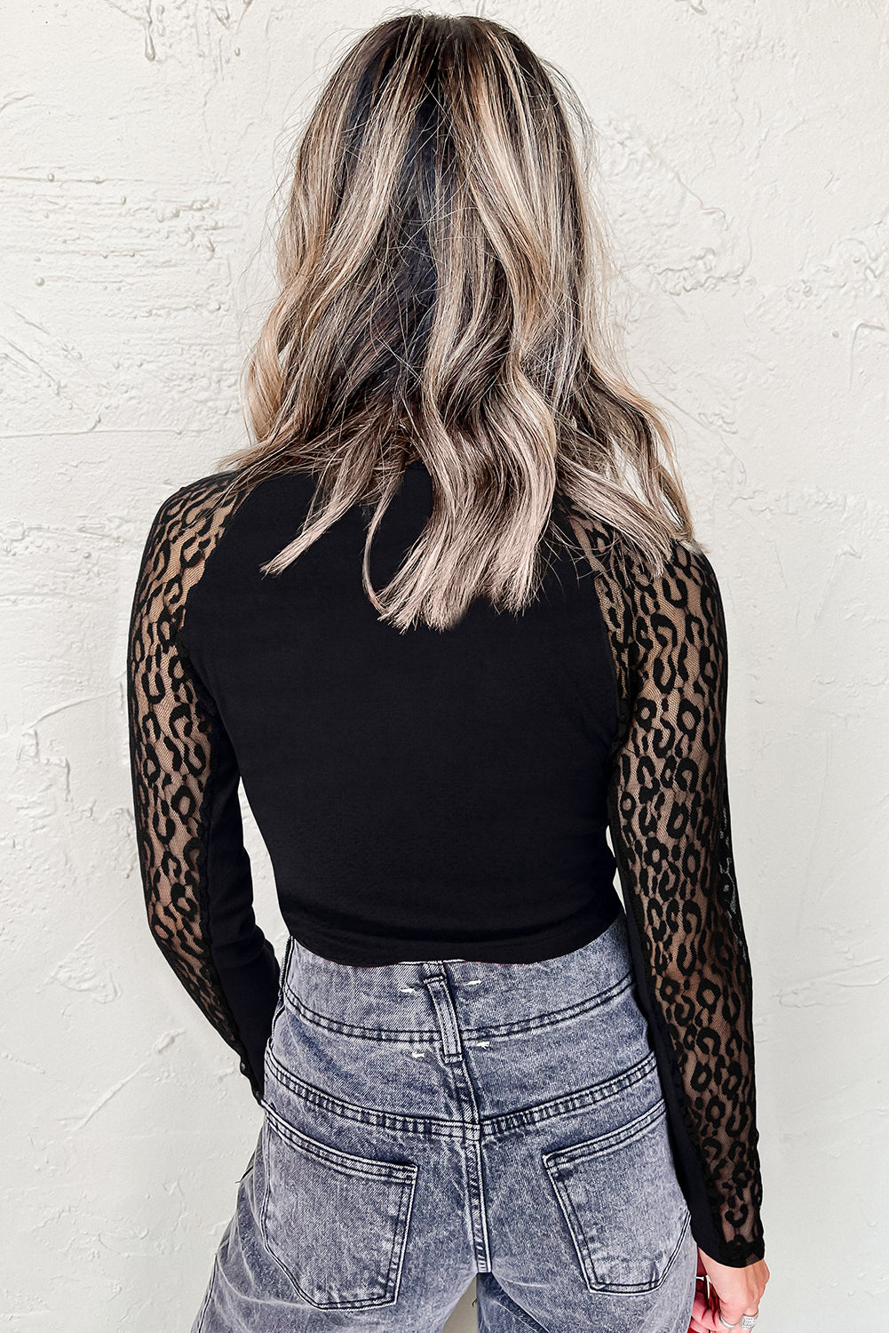 Black Leopard Mesh Patchwork Knit Long Sleeve Top - Snoopy's Closet