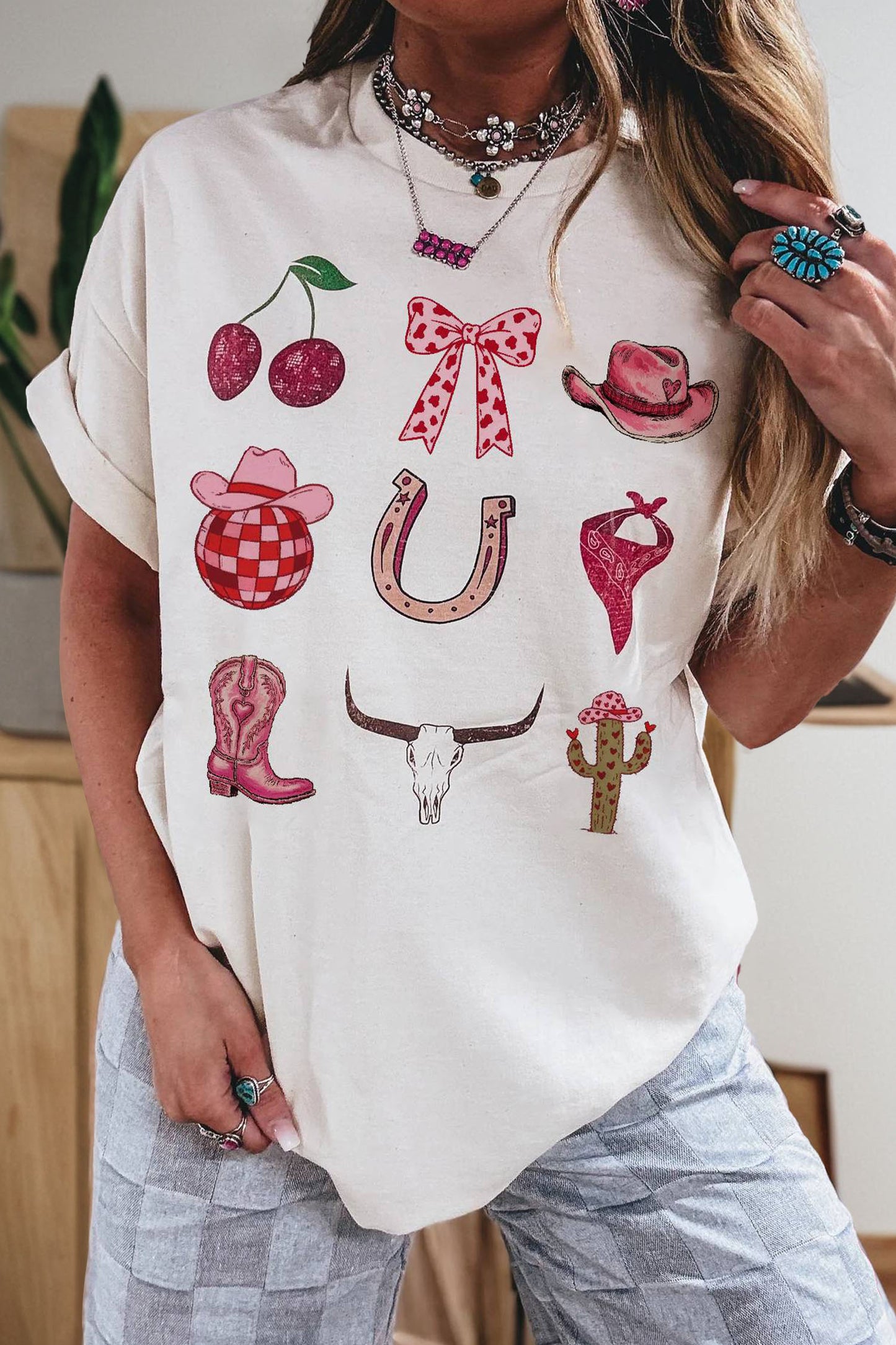 White Coquette Cowgirl Elements Printed Relaxed Tee - Snoopy's Closet