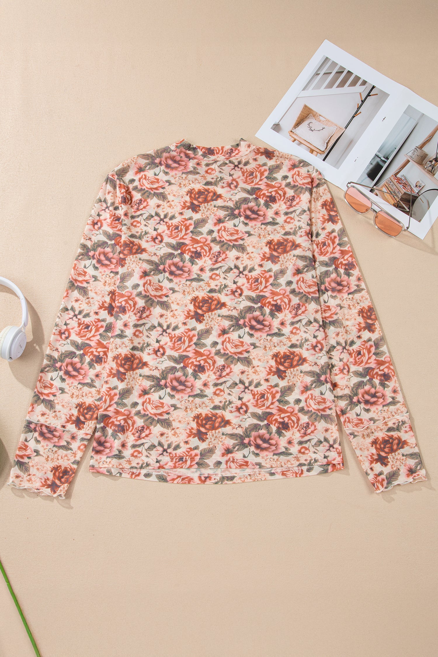 Pink Plus Size Floral Mock Neck Long Sleeve Slim Top - Snoopy's Closet