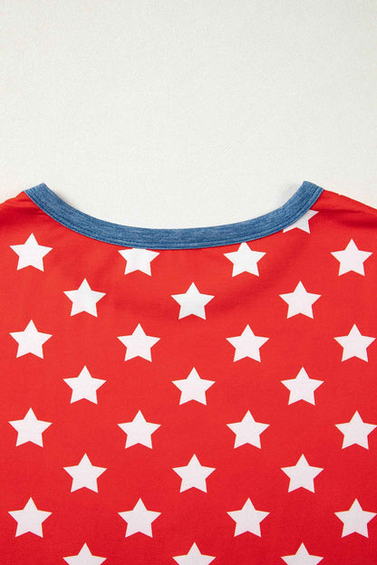 Red Stars Print Colorblock Binding Tape Collar Cuff Viscose Tunic Top