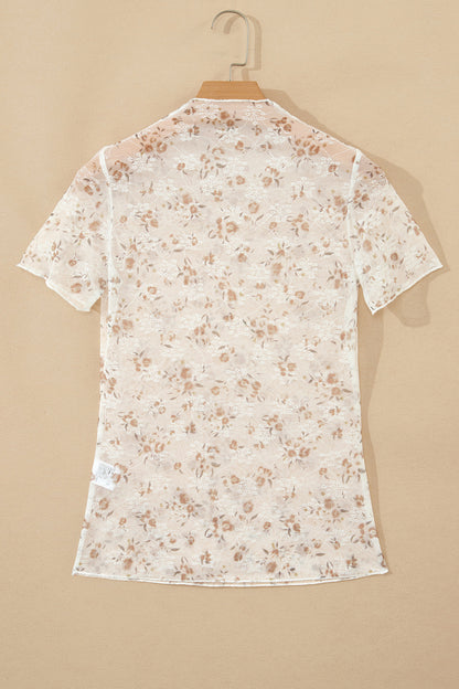 White Mock Neck Short Sleeve Floral Mesh Top - Snoopy's Closet