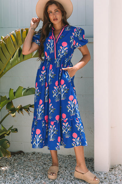 Vestido maxi de cintura alta, cuello en V y manga corta abullonada con estampado floral azul cielo