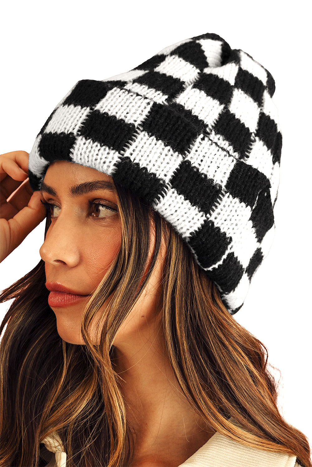 Gorro Beanie sin visera a cuadros de dos tonos negro