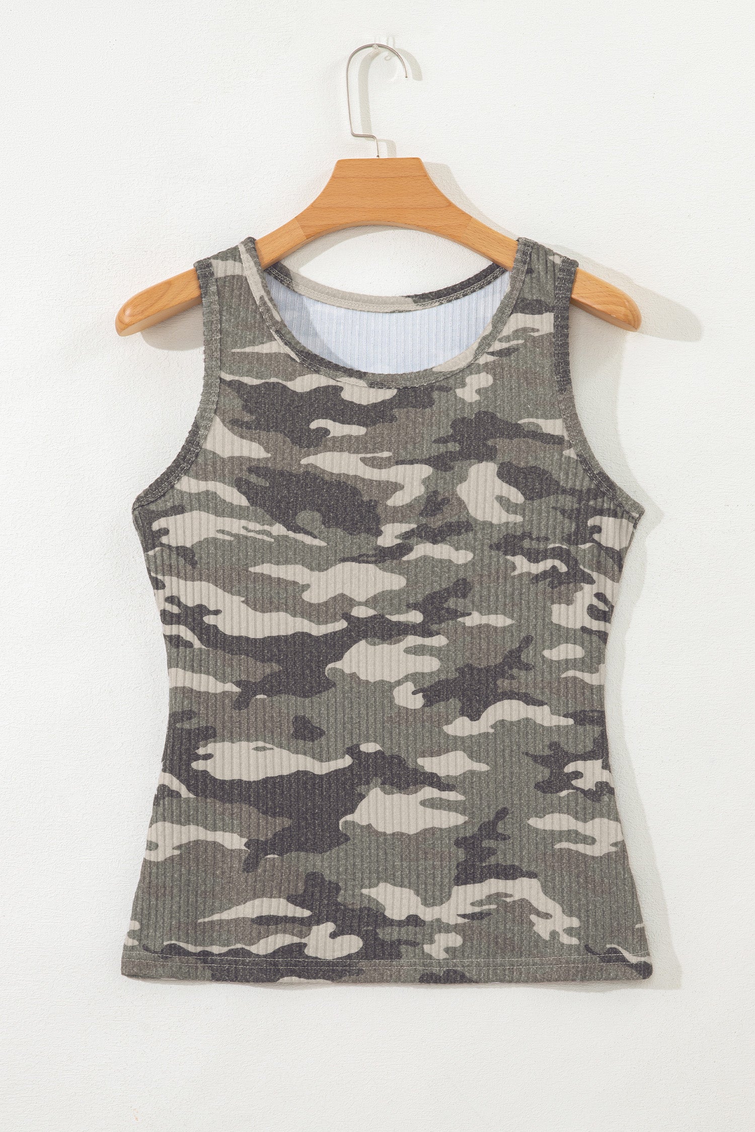 Green Camouflage Print Ribbed Knit Round Neck Tank Top - Snoopy's Closet