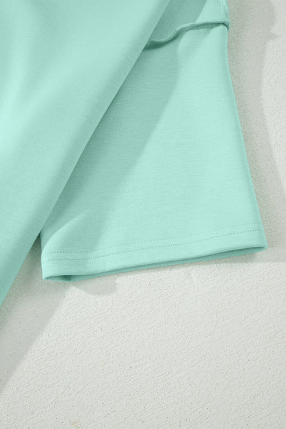 Moonlight Jade Solid Color Exposed Seam Mock Neck Oversize Tee Casual Shorts 2pcs Outfit - Snoopy's Closet