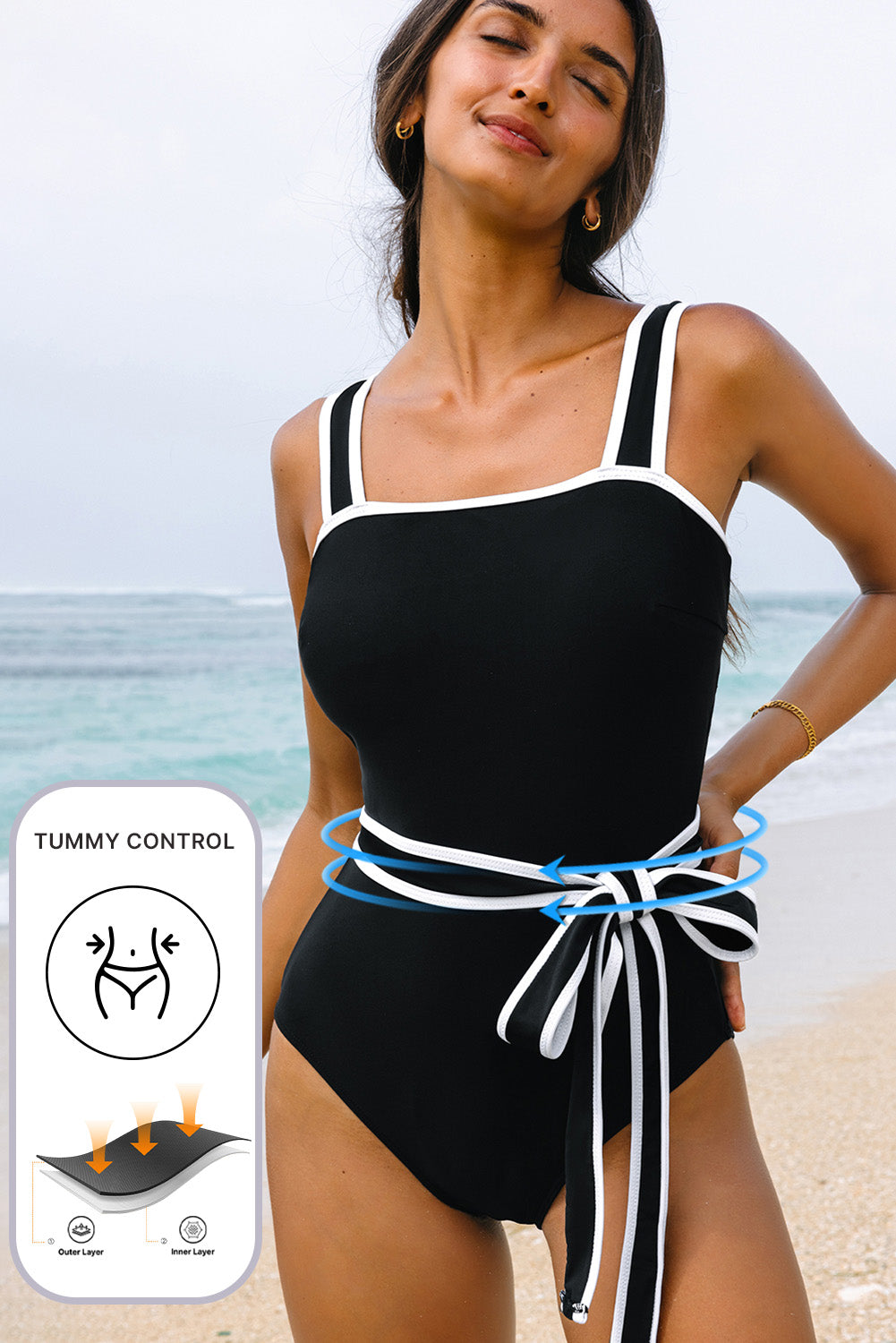 Black Colorblock Edge Belted One Piece Swimsuit - Snoopy's Closet