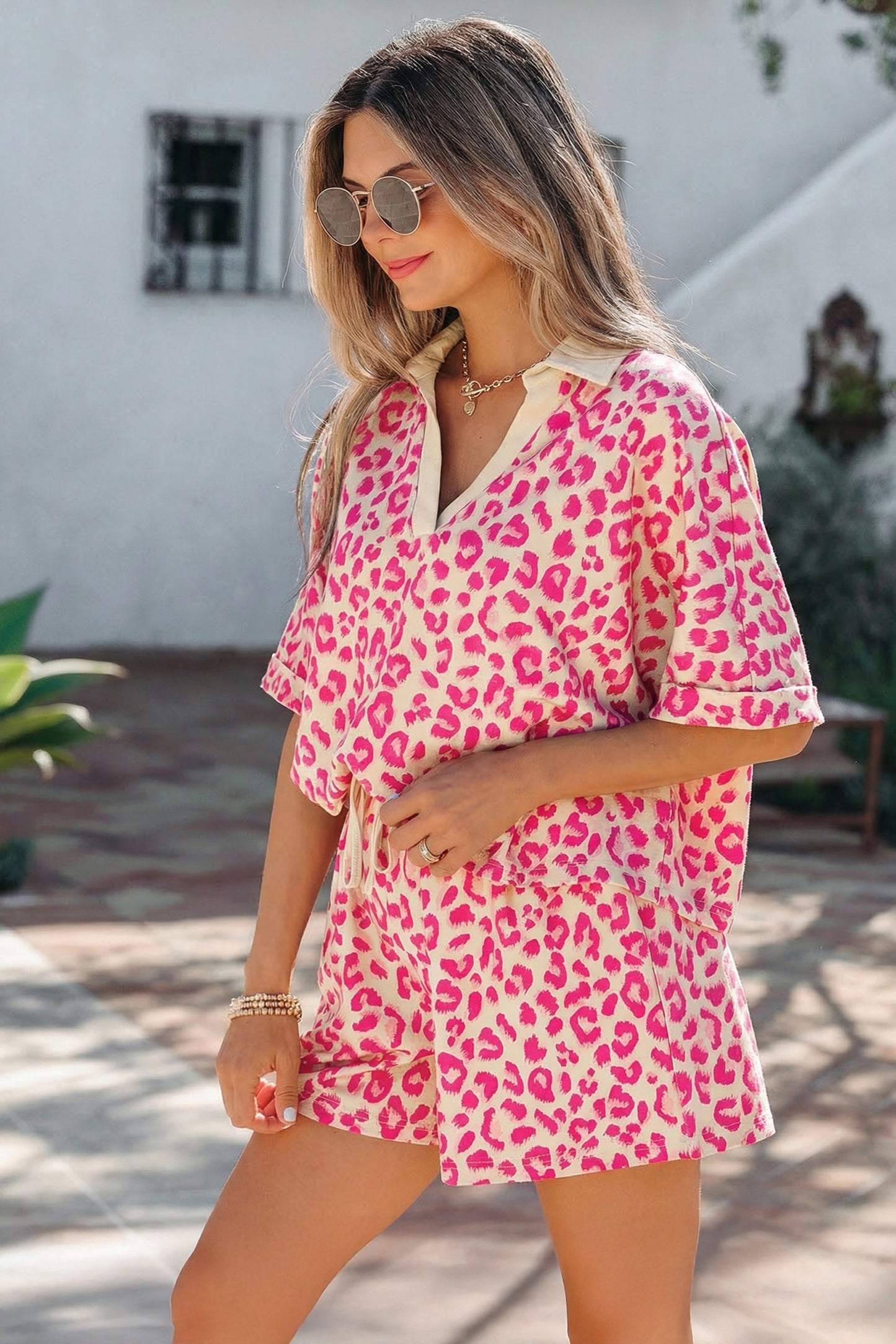 Rose V Neck Collar Leopard Printed 2pcs Short Set - Snoopy's Closet