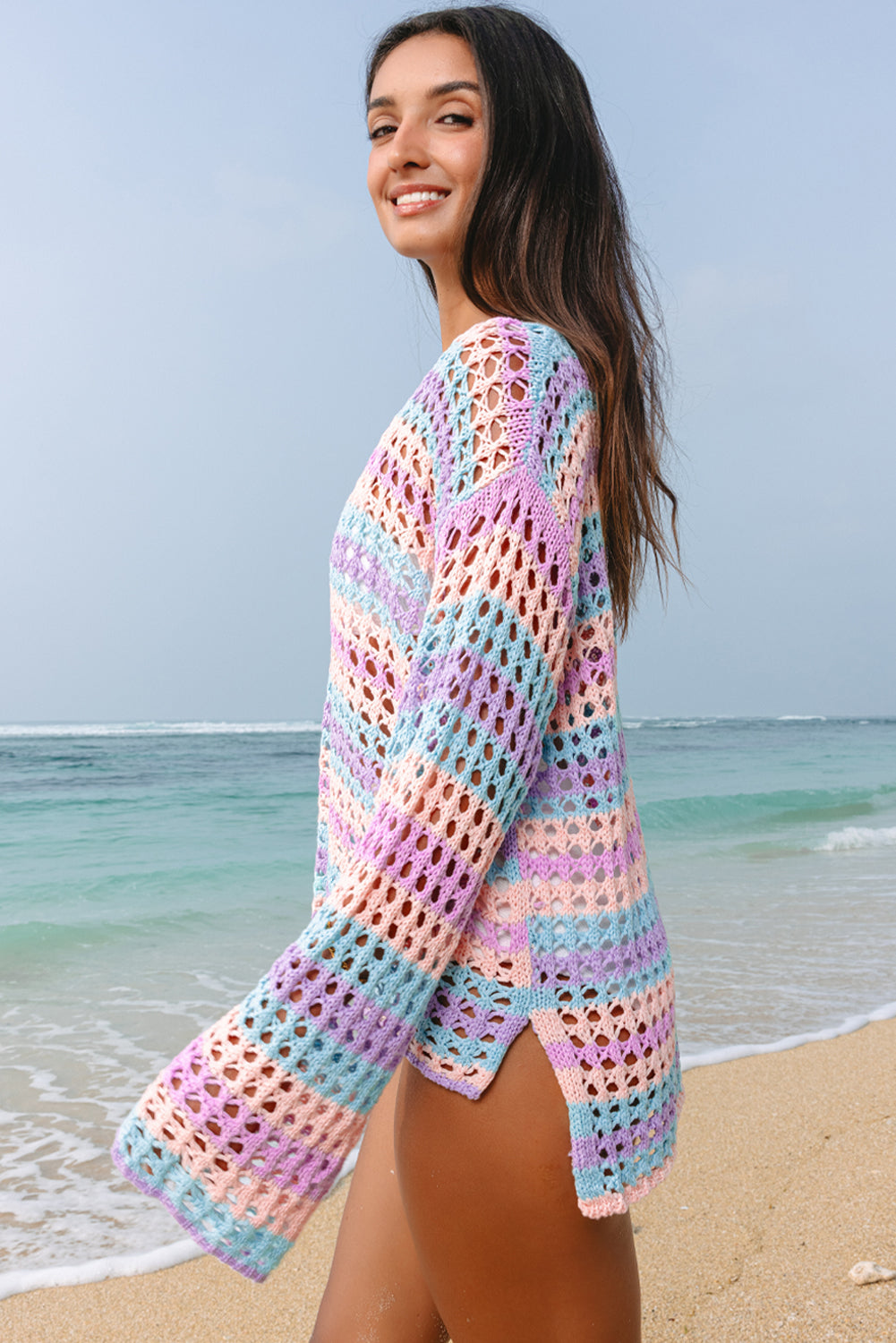 Purple Multi Stripe Open Knit Sweater Beach Cover Up - Snoopy's Closet