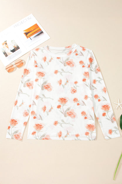 Red Plus Size Floral Print Sheer Mesh Long Sleeve Top - Snoopy's Closet