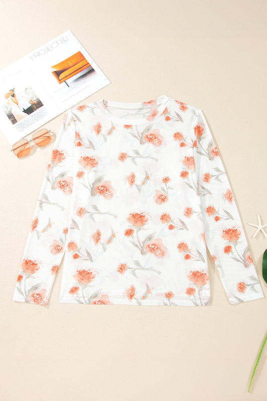 Red Plus Size Floral Print Sheer Mesh Long Sleeve Top - Snoopy's Closet