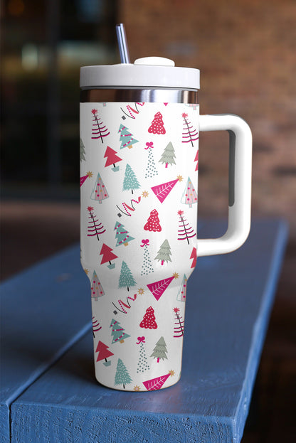 Termo de 40 oz con estampado de árbol de Navidad de dibujos animados blanco