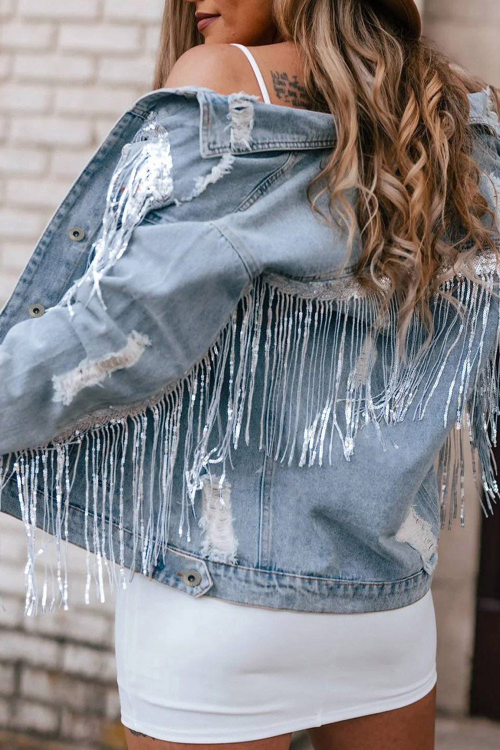 Sky Blue Sequin Embellished Fringe Distressed Denim Jacket - Snoopy's Closet
