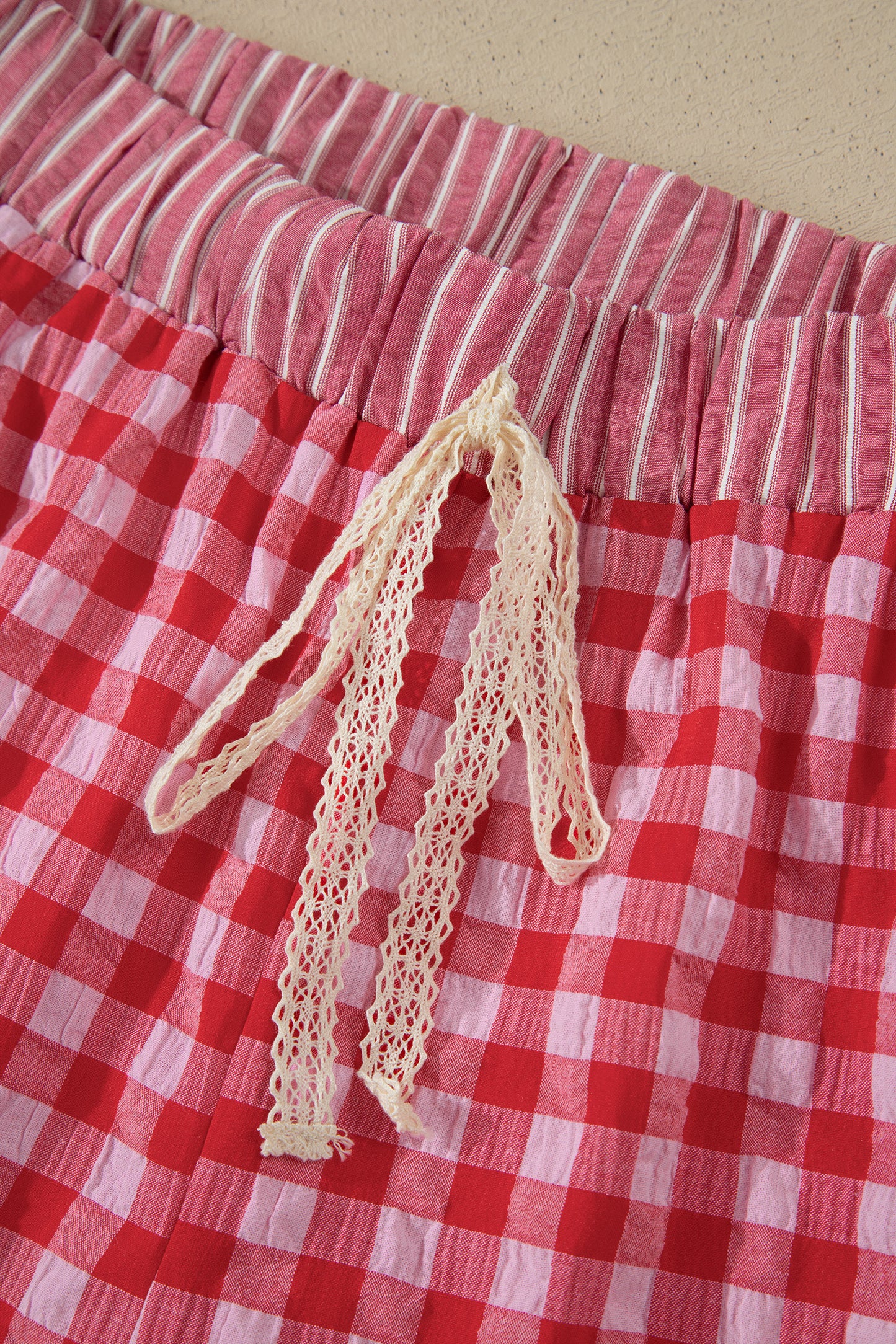 Red Gingham Print Ruffle Striped Detail Lace Tie Shorts - Snoopy's Closet