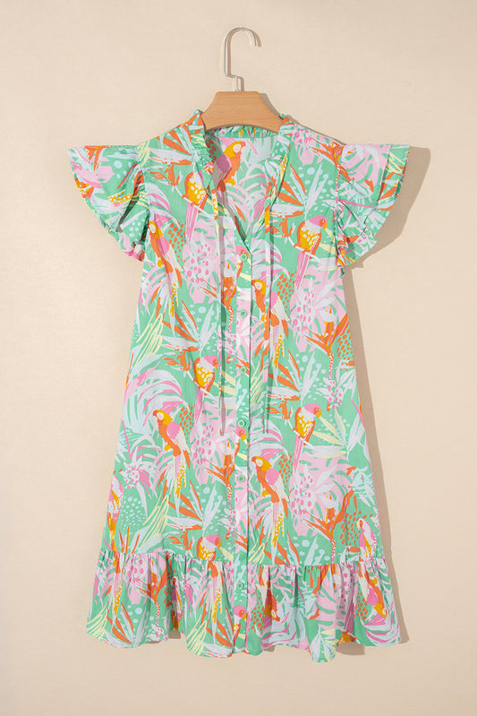 Vestido Abotonado con Volantes y Mangas Volantes Florales Abstractos Verdes