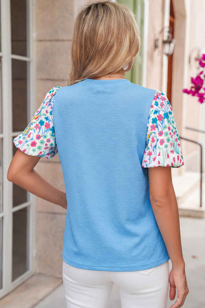 Pink Round Neck Textured Contrast Floral Bubble Sleeve Blouse