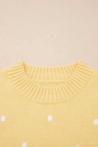 Suéter amarillo crema elegante de manga corta abullonada con lunares