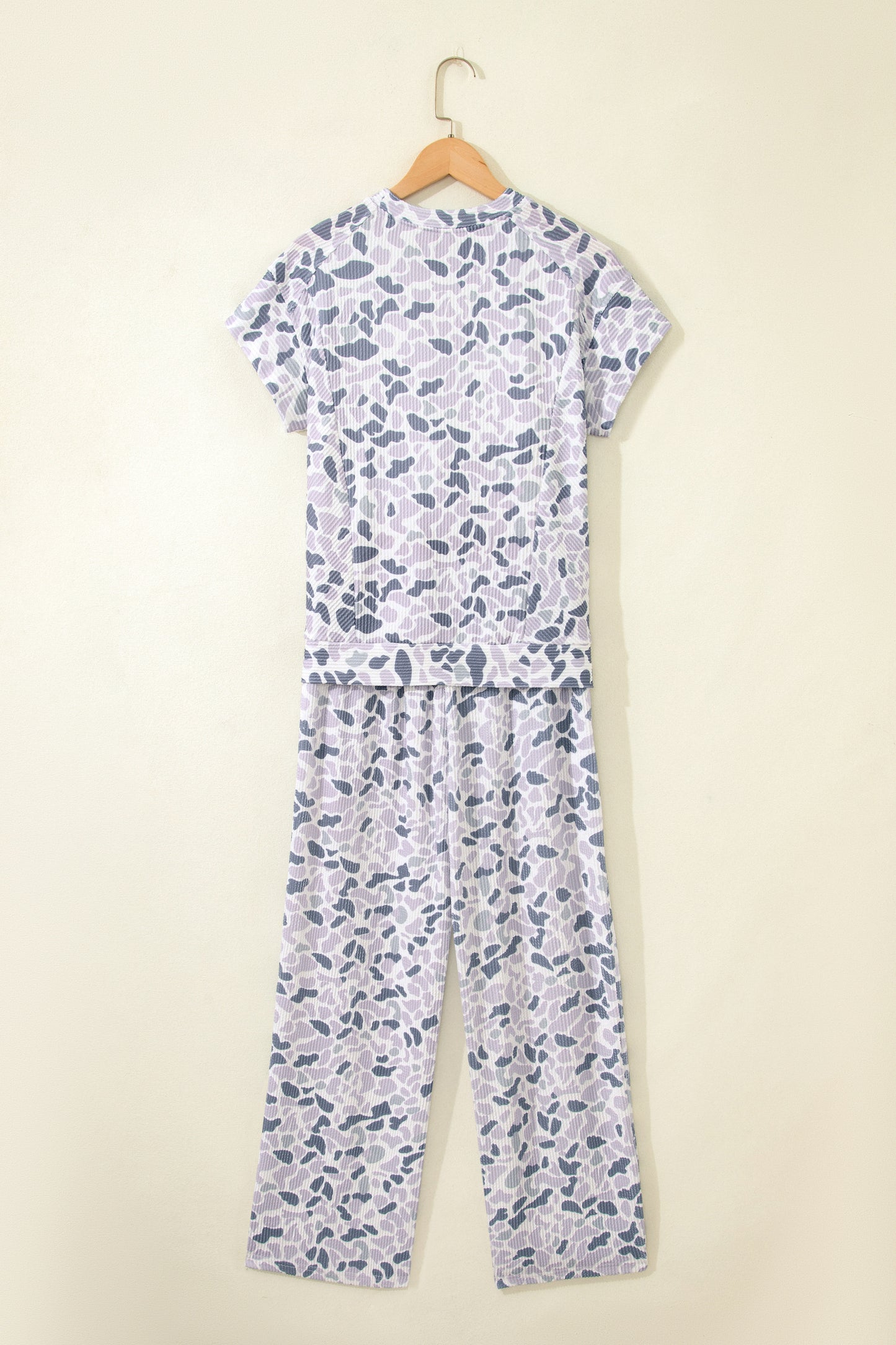 Beige Camouflage Print Twisted Rib Loose Tee Drawstring Pants Set - Snoopy's Closet