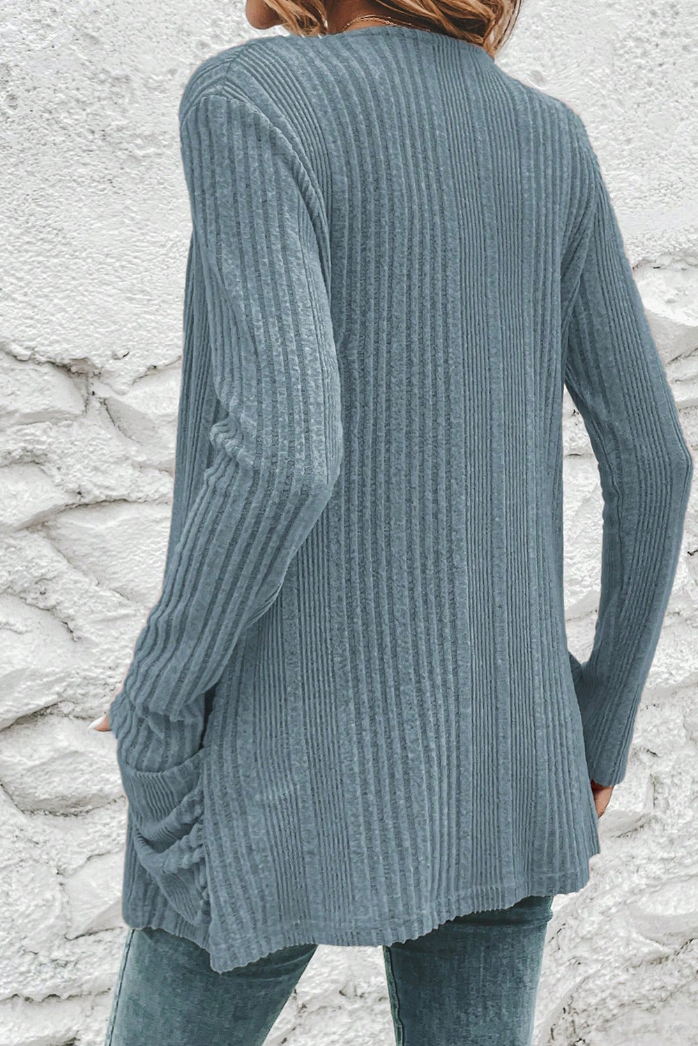 Stone Blue Ribbed Open Front Knitted Top with Pockets - Snoopy's Closet