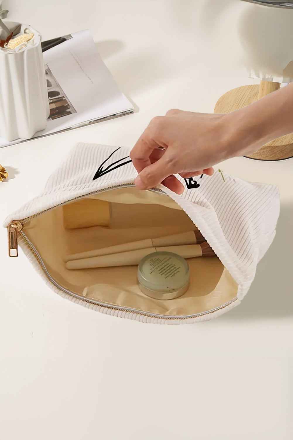 White Easter Bunny Print Corduroy Makeup Storage Bag
