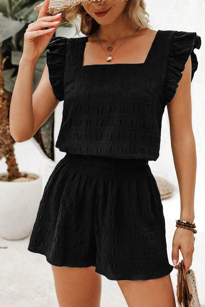 Black Textured Square Neck Top and Shirred High Waist Shorts Set - Snoopy's Closet