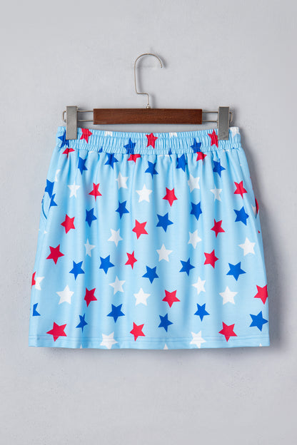 Sky Blue Patriotic Star Printed Beaded Drawstring Mini Skort - Snoopy's Closet