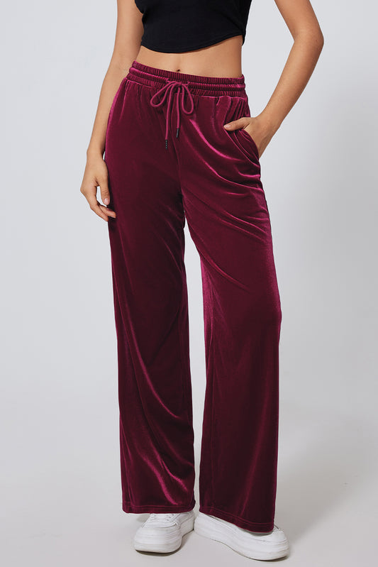 Pantalones de pernera ancha con cordón en la cintura, color borgoña liso