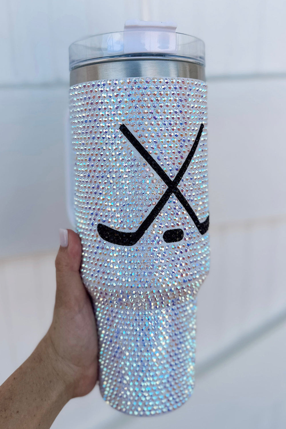 Vaso de 40 oz con asa, con diseño de diamantes de imitación para un día de partido de hockey brillante.